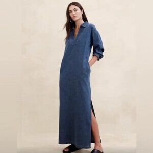 Banana Republic EUC Long Denim V-Neck Cruz Dress Pockets Sz 2